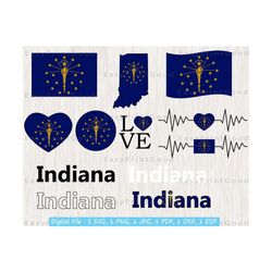 Indiana Flag Bundle Svg, Indiana Flag, Indiana Star Heart, Indiana Flag Clipart, Indiana State Svg, Waving, Heart Indiana, Cut file, Cricut
