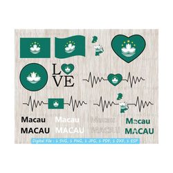 Macau Flag Svg Bundle, Danish Flag, Macau Map Flag, Text Word, Macau Nation Country Banner, Love, Waving, Heartbeat,Cut file, Cricut Svg