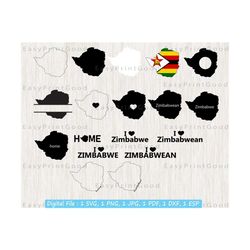 Zimbabwe SVG Bundle, Zimbabwe Map, Zimbabwean Map Svg, Zimbabwe Clipart, Zimbabwe Outline, Black and White, Monogram Frame, Cut file, Cricut