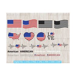 American Flag Svg Bundle, USA Flag, United States Clipart,  America Text Word, Waving, Love, Heart, Heart, USA Black Flag, Cut file, Cricut
