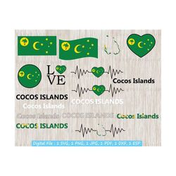 Cocos (Keeling) Islands Flag Bundle Svg, Love, Waving, Map ClipArt, Outline, White and Black, Heart, Heartbeat, Text Word, Cut file, Cricut
