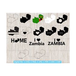 Zambia Map Svg Bundle, Zambia Country, Zambian Clipart, Country Nation Silhouette Outline, I Love, Home, Monogram Frame, Cut file, Cricut