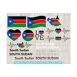 South Sudan Flag Bundle Svg, Map, South Sudan Clipart, Sudanese Nation Country, Love, Waving, Flag Heart, Name Word Text, Cut file, Cricut