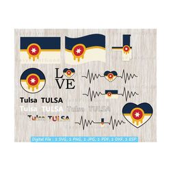Tulsa Flag Svg Bundle, Tulsa Flag, Tulsa Map Flag, Tulsa Country Banner, Love, Waving, Heart, Heartbeat, Oklahoma, Cut file, Cricut Svg
