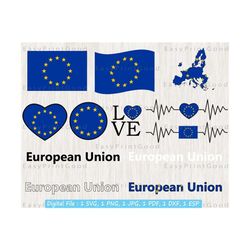 European Union Flag Svg Bundle, EU Flag Svg, Europe Flag Svg, Round European Union Flag Clipart, European Union Name, Love, Cut file, Cricut