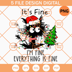 Its Fine Everything is Fine , Christmas Light Black Cat , Christmas Pine Tree