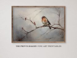 PRINTABLE Winter Red Robin Print, Vintage Farmhouse Rustic Wall Art, Neutral Primitive Bird Prints, Moody Seasonal Art D