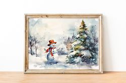 Snowman Print, Winter Landscape Painting, Watercolor Winter Print, Christmas Printable Snowman Painting, Winter Decor, L