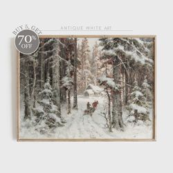 Vintage Winter Print, Rustic Snowy Winter Forest Art, Neutral Landscape Painting,  Country Scenery, Farmhouse Decor, Dig