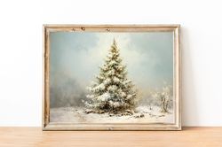 Christmas Tree Print, Vintage Christmas Tree Painting, Winter Trees Wall Art, Snowy Trees Art, Rustic Christmas Tree Wal