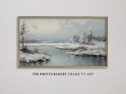frame tv art winter lakeside vintage landscape, snowy rustic wonderland tv art, neutral muted farmhouse snowscape digita