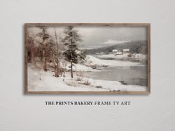 FRAME TV ART Winter Wonderland Lakeside Landscape, Frozen Lake Vintage Snowscape, Farmhouse Tv Art, Neutral Rustic Digit