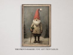 PRINTABLE Christmas Gnome Vintage Print, Santa's Elf Xmas Art Prints, Neutral Rustic Festive Holiday Wall Art Winter Dig