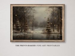 PRINTABLE Christmas Magical Winter Forest Print, Enchanting Snowy Landscape Wall Art, Xmas Pine Trees Ornaments, Moody D