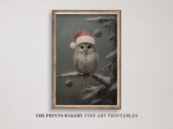 PRINTABLE Christmas Owl in Santa Hat Print, Cute Festive Holiday Wall Art, Vintage Rustic Winter Prints, Xmas Holiday Di