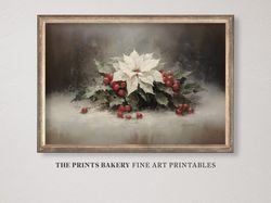 PRINTABLE Christmas Poinsettia Floral Still Life Print, Vintage Moody Rustic Botanical, Festive Holly Berry Wall Art, Di