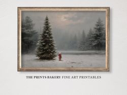 PRINTABLE Christmas Santa Claus Landscape Print, Vintage Winter Snowy Wall Art, Rustic Neutral Xmas Pine Tree Prints, Di