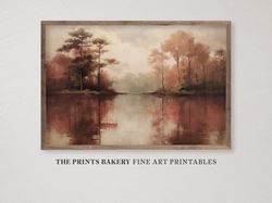 printable vintage fall lakeside print, autumn landscape wall art, farmhouse neutral prints, rustic primitive foliage, di