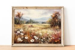 printable wildflower field landscape oil painting, farmhouse decor, vintage landscape art print, country field wall art,