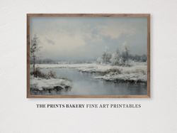printable winter wonderland lakeside landscape print, vintage farmhouse rustic wall art, neutral country art prints, dig