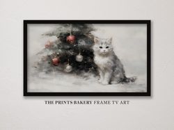 Vintage Christmas Frame TV Art, Winter Holiday Digital Download, Cute Cat Xmas Tree Painting, Snowy Farmhouse Painting,