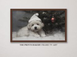 Vintage Christmas Frame TV Art, Winter Holiday Digital Download, Cute Dog Xmas Tree Painting, Festive Puppy Farmhouse Ru