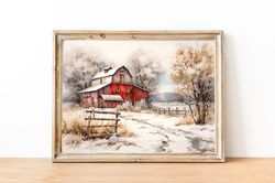 Vintage Red Barn Print, Winter Farmhouse Painting, Winter Snow Barn Wall Art, Winter Country Landscape, Printable Christ