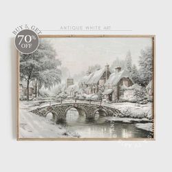 vintage winter landscape print, farmhouse christmas art, snowy winter oil painting, holiday decor, digital download, far