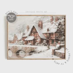 Vintage Winter Print, PRINTABLE Wall Art, Christmas Painting, Festive Holiday Home Decor, Farmhouse Snowy Village Artwor