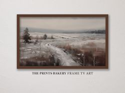 Winter Country Landscape Frame TV Art, Snowy Vintage Digital Download, Rustic Abstract Painting, Winter Farmhouse Christ