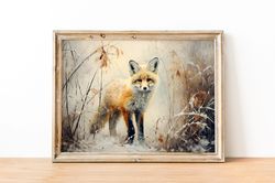 winter fox print, vintage winter landscape print, fox in winter painting, holiday decor, fox wall art print, winter scen