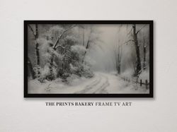 winter landscape samsung frame tv art, snowy vintage digital download, rustic christmas neutral painting, winter farmhou