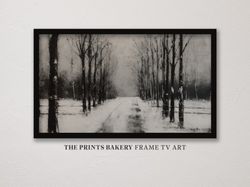 winter landscape samsung frame tv art, snowy vintage digital download, rustic monochrome painting, winter farmhouse nord