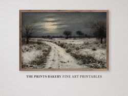 PRINTABLE Winter Full Moon Landscape Print, Moody Vintage Snowy Path Farmhouse Wall Art, Neutral Country Art Prints, Dig