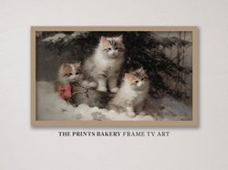 Vintage Christmas Frame TV Art, Winter Holiday Digital Download, Cute Cats Xmas Tree Painting, Festive Farmhouse Rustic