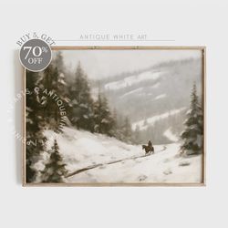 Vintage Winter Print, Rustic Winter Forest Art, Neutral Landscape Painting, Moody Country Scenery, Farmhouse Decor, Digi