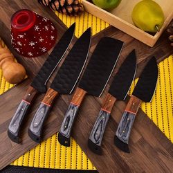 hand made damascus chef knife set powder coating with leather pouch , am industry