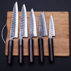 Carbon Steel Chef Set of 5 Chef Knife with free leather sheath perfect Christmas gift, anniversary gift, Am Industry