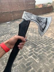 CUSTOM HANDMADE 22" CARBON STEEL EATCHED VIKINGS AXE WITH LEATHER SHEETH