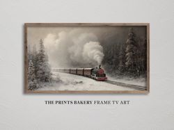 FRAME TV ART Winter Christmas Red Train, Vintage Snowscape Rustic Samsung Tv, Xmas Snowy Landscape Art, Moody Neutral Di
