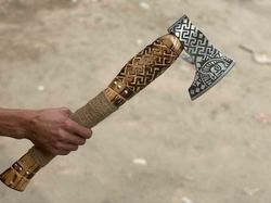 CUSTOM HANDMADE 22" CARBON STEEL EATCHED VIKINGS AXE WITH LEATHER SHEETH