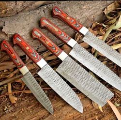 Hand Forged Damascus Steel 05 Pcs kitchen knife, Chef set handmade Best chef set with leather sheath, Am industry