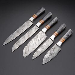 Handmade Damascus Steel Chef Knifes Set of 05 knife with BBQ Knife, Kitchen Knife, Chef Knife Set, Am industry