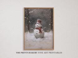 PRINTABLE Christmas Snowman Vintage Print, Winter Snowy Forest Farmhouse Xmas Prints, Neutral Holiday Wall Art, Digital