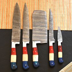 Damascus Steel Chef Knifes Set With Wood & Camel Bone Handle, Am industry