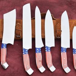 Six Pieces Handmade J2 Steel Chef Set with USA Flag Handle - Free Damascus Steel Ring with this Product. Am industry
