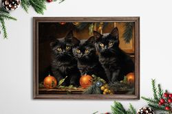 Black Cats Celebrates Christmas Digital Print, Christmas Art Gallery Wall, Winter Collage Wall Art Vintage Holiday Xmas