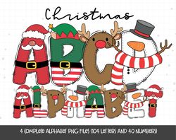 Christmas Alphabet, Christmas Doodle Letters, Reindeer, Elf, Santa Claus, Snowman, Christmas PNG Letters, Christmas Font