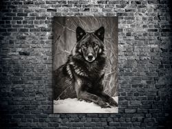 black wolf sitting in the snow wall canvas, wolf charcoal style wall art, wolf in the forest large canvas 15.jpg