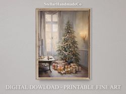 Christmas Printable Wall Art, Christmas Tree, Xmas Living Room Painting, Rustic Christmas Art Decor Print, Vintage Holid